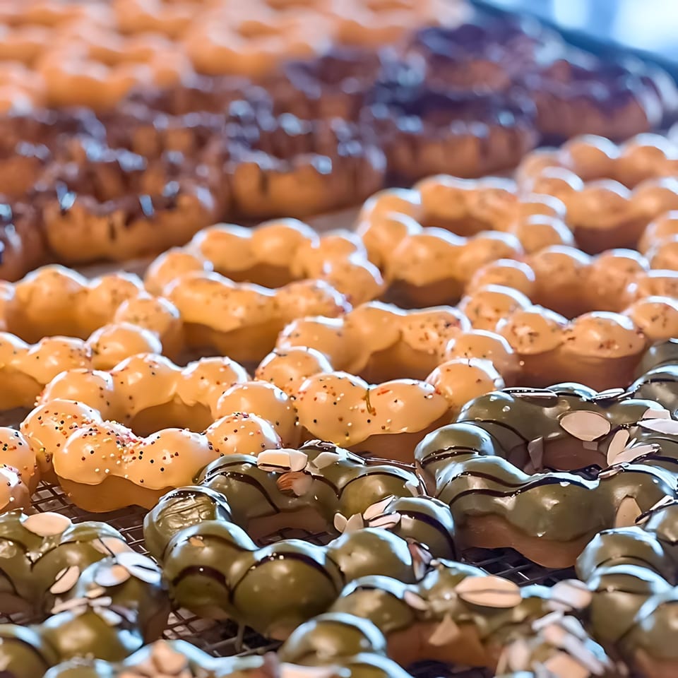 Rows of mochi donuts with various glazes and toppings, including chocolate, caramel, and matcha.
