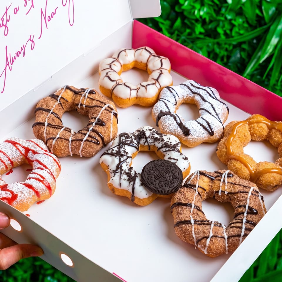 A box of seven colorful mochi donuts with various toppings, held over green grass.