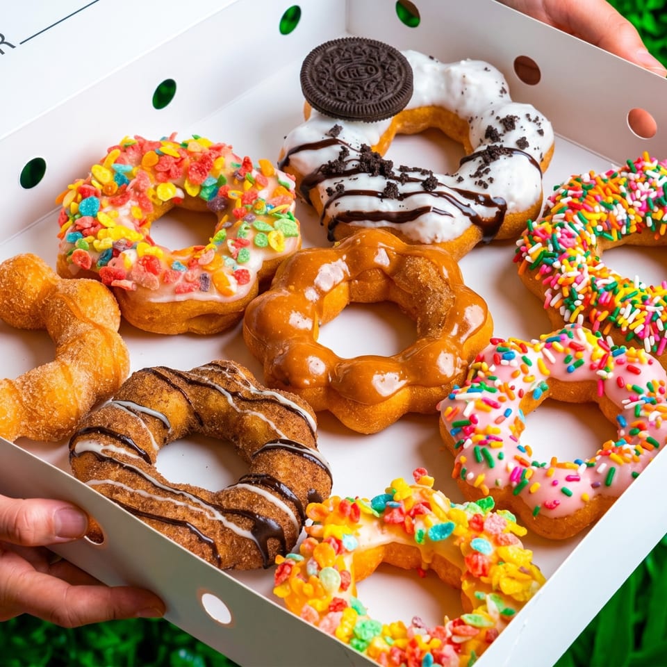 A white box filled with various colorful mochi donuts, including Fruity Pebbles and Oreo toppings.
