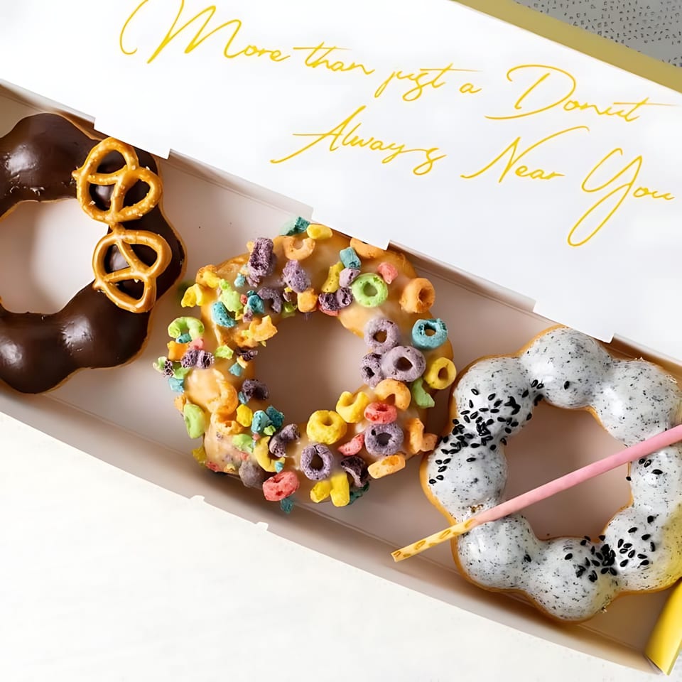 Three mochi donuts in a box: chocolate pretzel, Fruity Pebbles, and black sesame with Pocky sticks.