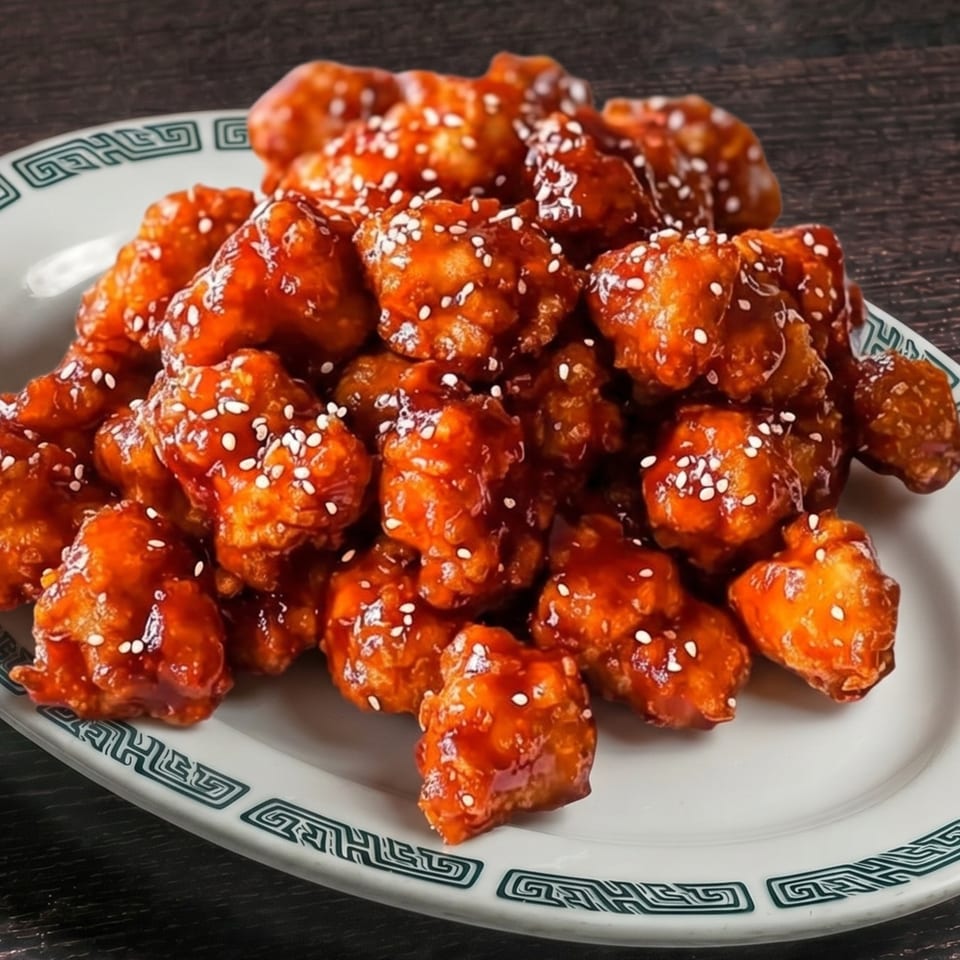 A white plate with a green border holds a large serving of sesame chicken.