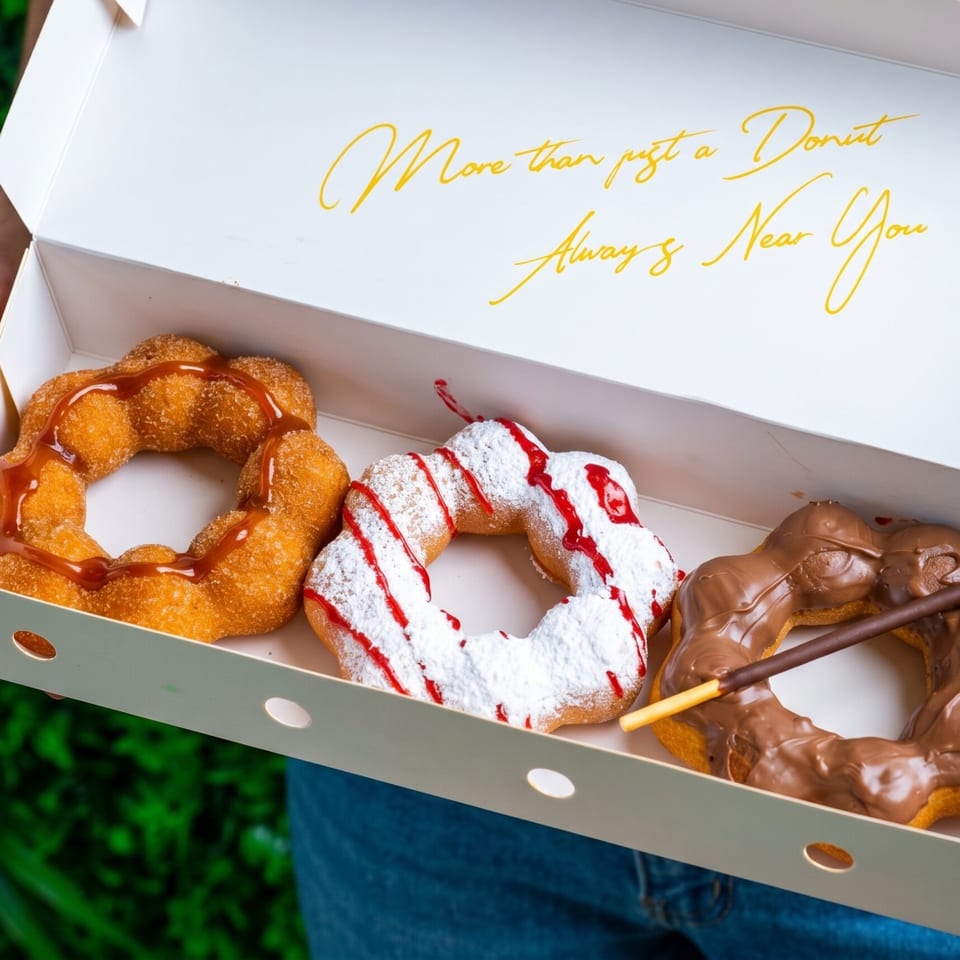A white box holds three mochi donuts: caramel, powdered sugar with raspberry, and chocolate with a Pocky stick.